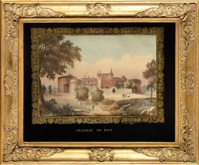 «Château de Ham».
Gravure aquarellée. Encadrement...