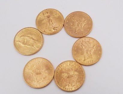 LOT de 6 pièces de 20 dollards en or jaune,...