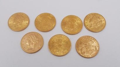 LOT de 7 pièces de 20 dollards en or jaune,...