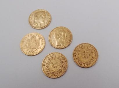 LOT DE 5 pièces en or jaune de 20 francs...