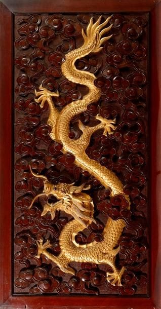 CHINE Panneau en bois dur sculpté en ronde...