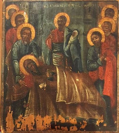 ICÔNE : LA DORMITION DE LA MÈRE DE DIEU Usures...