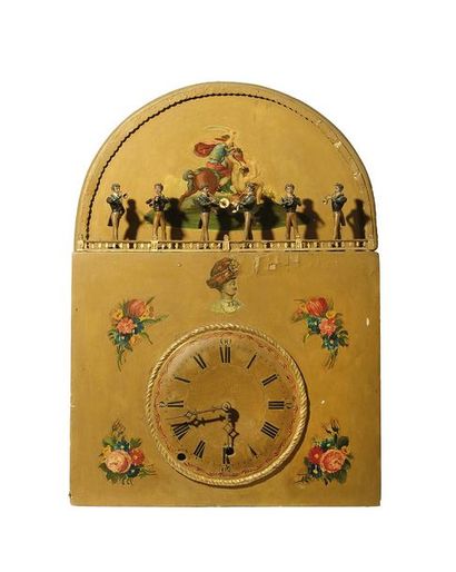 HORLOGE A AUTOMATES en bois laqué jaune,...