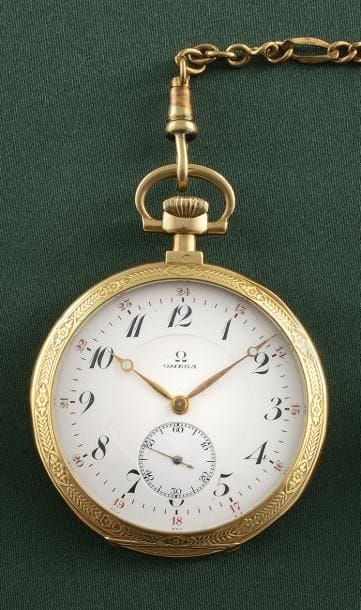 OMEGA

MONTRE DE POCHE

Boîtier rond en or...