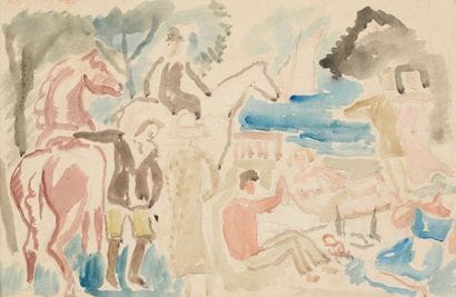 ANDRE FAVORY (1888-1937) Pique-nique et cavaliers...