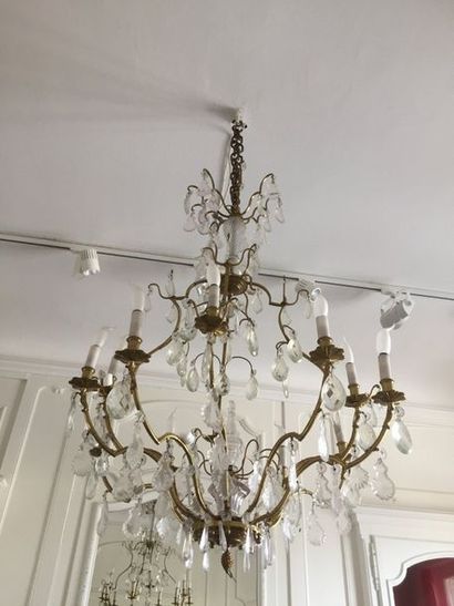 Grand LUSTRE CAGE en laiton et bronze doré...