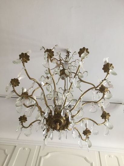 Grand LUSTRE CAGE en laiton et bronze doré...