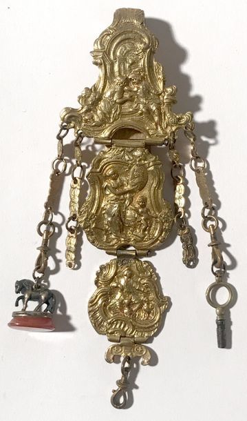 CHATELAINE en pomponne avec clé de montre...