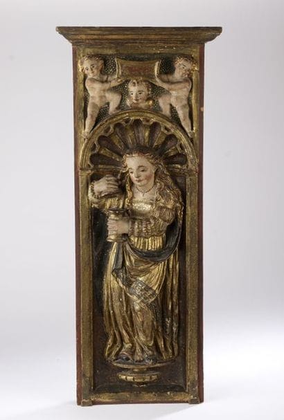 Pair of wooden panels carved in high relief,...