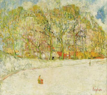 Mark KAPLAN (né en 1950).
Parc sous la neige.
Huile...