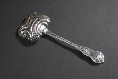 Silver sprinkling spoon, net and shell model,...