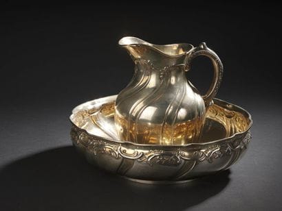 Pourer and its silver basin with torsos ribs,...
