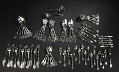 Silver set including:
- Nine large flatware...