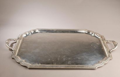 Rectangular silver platter with curved recessed...