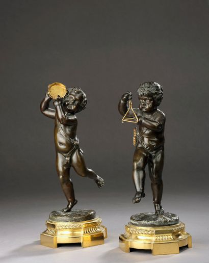 Two musician loves with tambourine and triangle...