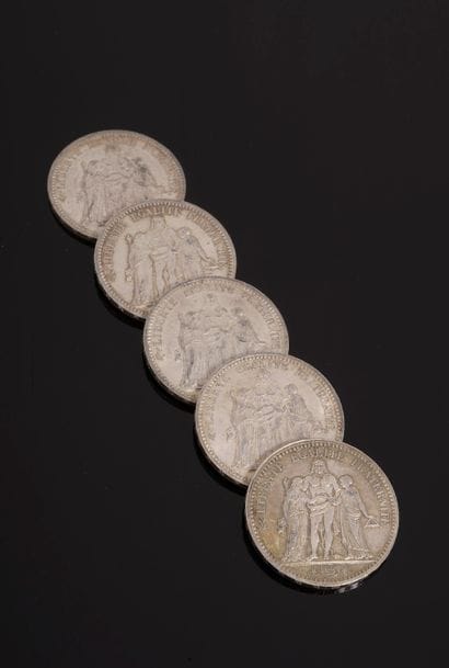 
Set of five silver coins of 5 French francs...