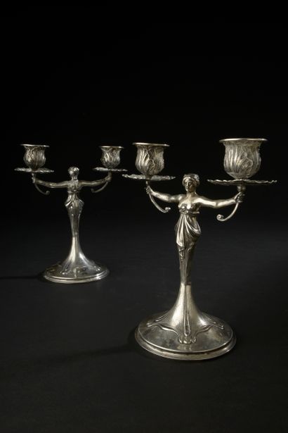 Pair of candlesticks in silver 800 thousandths,...