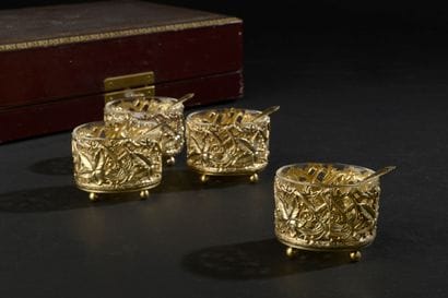 Suite of four silver saltspoons gilded 950...