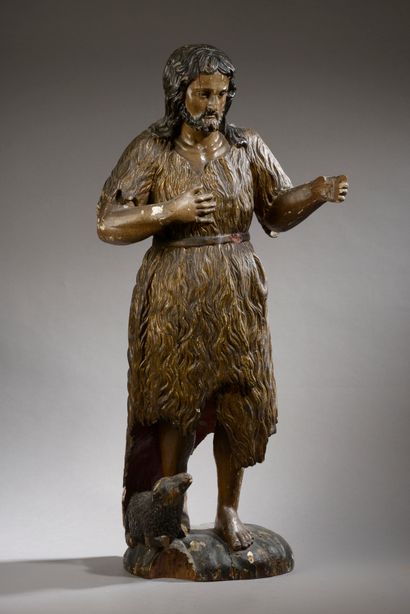 Saint Jean-Baptiste en bois sculpté et polychrome...