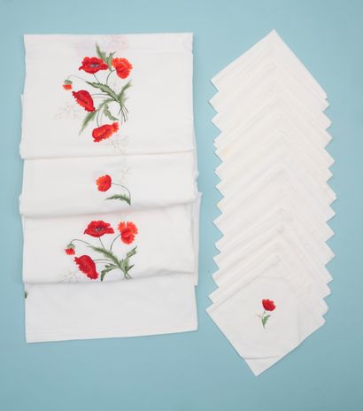 Rectangular white cotton tablecloth embroidered...