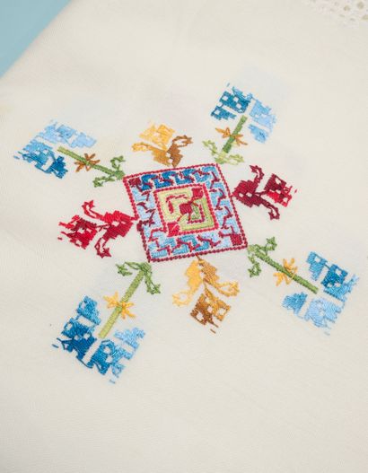 Rectangular white cotton tablecloth embroidered...