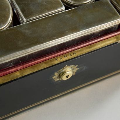 Travel set signed TAHAN in blackened wood...
