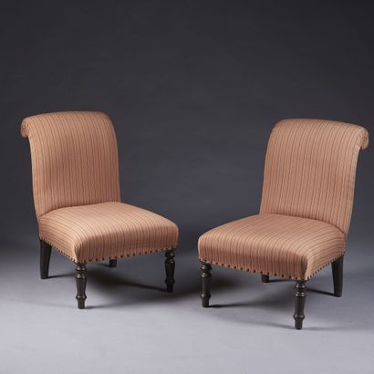 Pair of blackened turned wood chairs, seat...