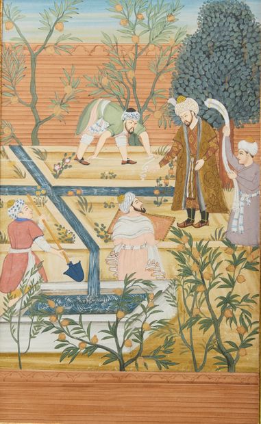 Set of three Indian paintings on hardback...
