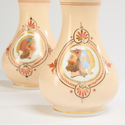 Pair of beige opaline glass vases, one decorated...