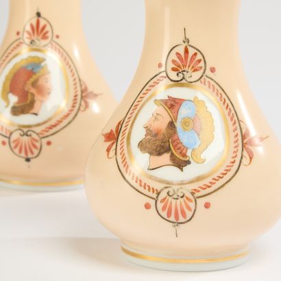Pair of beige opaline glass vases, one decorated...