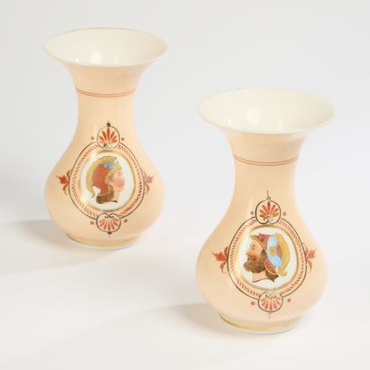 Pair of beige opaline glass vases, one decorated...