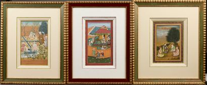 Set of three Indian paintings on hardback...