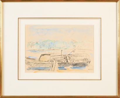 Albert ANDRÉ (1869-1954). 
Barge on a river.
Enhanced...
