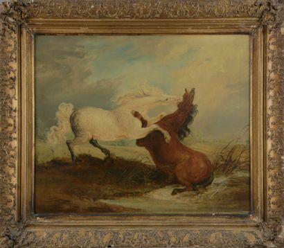 19th century English school. 

Horse fight....