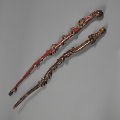 Two molded and carved wooden canes with vegetal...