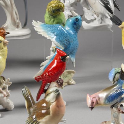Thirteen birds or groups of birds in enameled...
