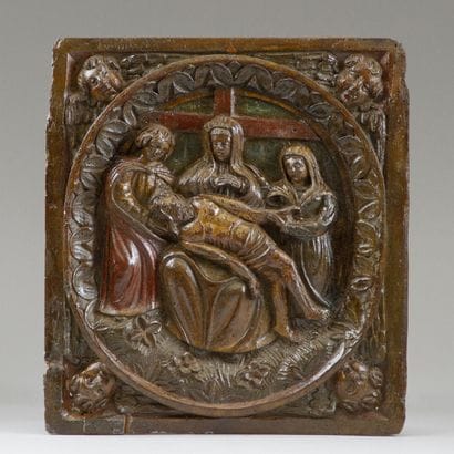 Oak panel, molded and carved with a polychrome...