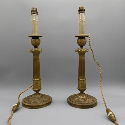 Pair of guilloche and gilt bronze torches...