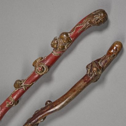 Two molded and carved wooden canes with vegetal...