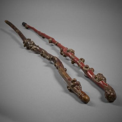 Two molded and carved wooden canes with vegetal...