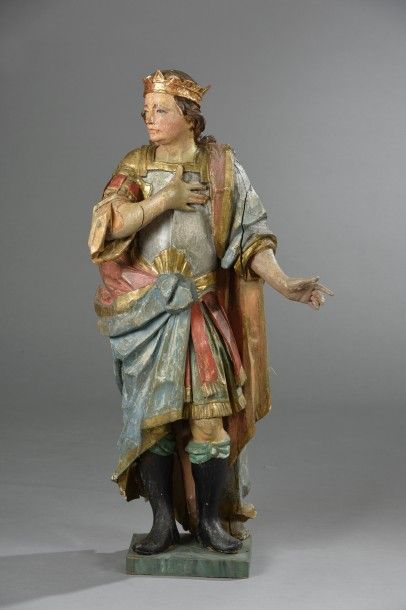 Roi David en bois sculpté polychrome et doré,...