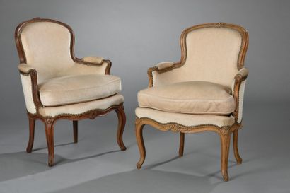 Deux bergères formant paire en noyer et hêtre...