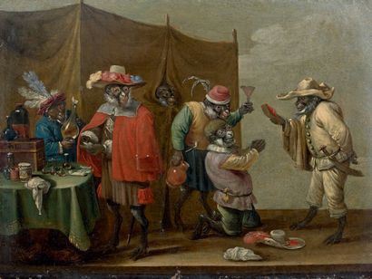 Attribué à Abraham TENIERS (1629 - 1670)
Singerie.
Huile...