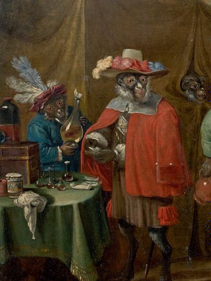 Attribué à Abraham TENIERS (1629 - 1670)
Singerie.
Huile...