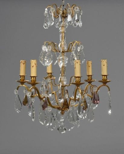 Lustre cage en bronze à six bras de lumière,...