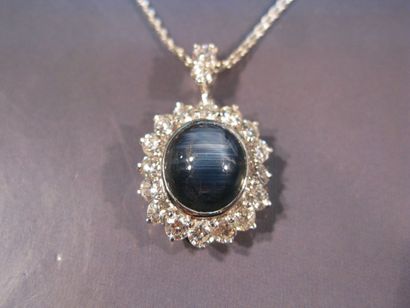 Pendentif ovale en or gris centré d'un saphir...