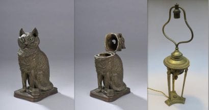 Lanterne en bronze ciselé figurant un chat,...