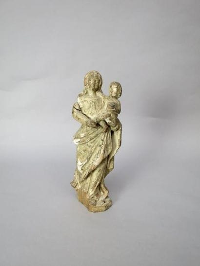 Vierge à l'enfant en bois sculpté et stuqué...