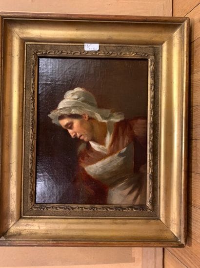 Huile sur toile, femme au tablier (restauration...