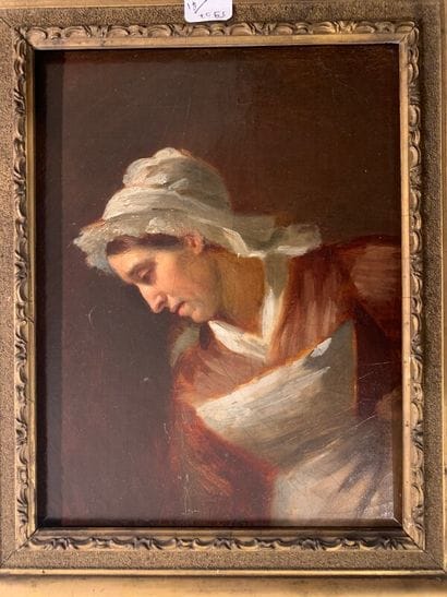 Huile sur toile, femme au tablier (restauration...